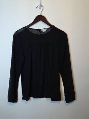 Boden Black Swiss Dot Dobby Top Sheer Sleeves Keyhole Back Size 6